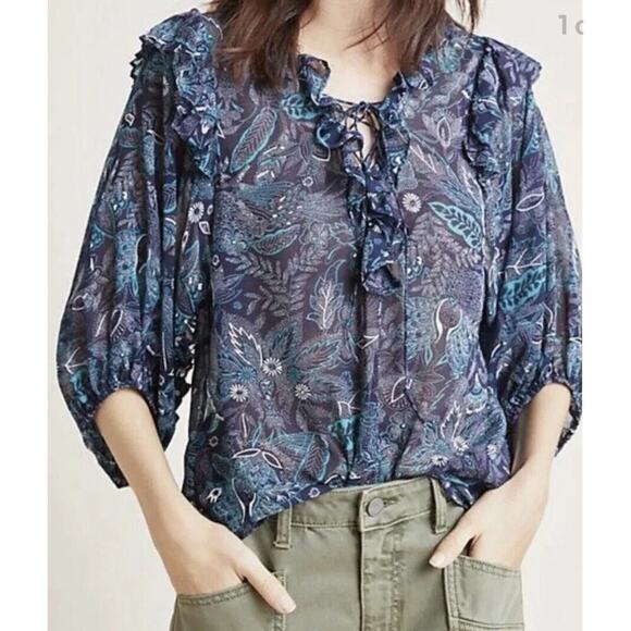 By Anthropologie Tops - Anthropologie Haida Floral Peasant Blouse Navy Size XL